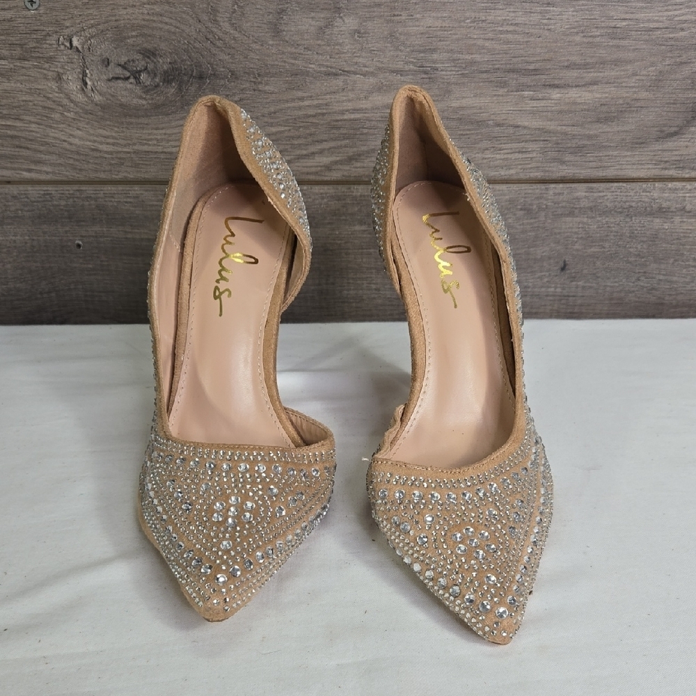 Lulu's Nude/Tan Rhinestone Pointed-Toe Heels
